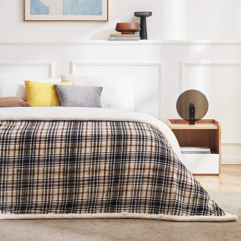 Touchat Sherpa Plaid Throw Blanket, 60" X 70"Fuzzy Fluffy Cozy Soft Blanket, Fleece Flannel Plush Twin Size Microfiber Blanket for Couch Bed Sofa (Brown) - Image 4